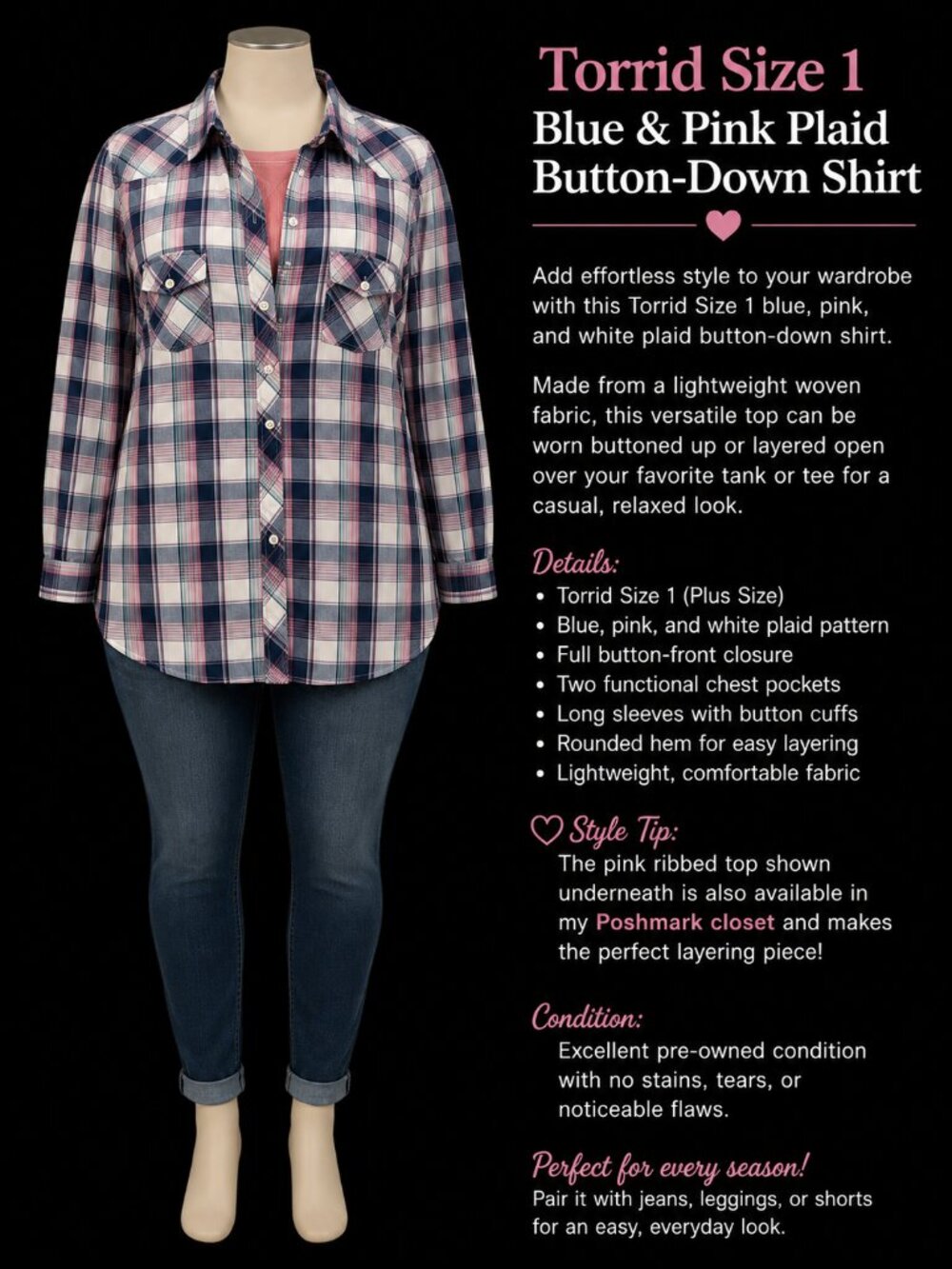 Torrid Size 1 Blue & Pink Plaid Button-Down Shirt | Lightweight Layering Top